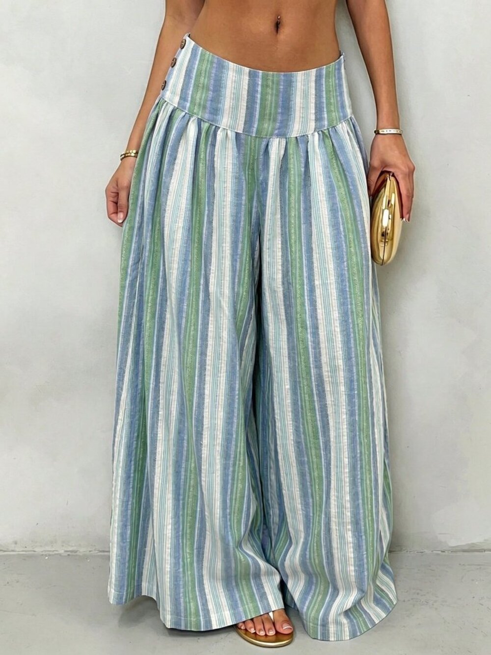 Blue Boho Women's Striped Woven Low Waist Wide Leg pants - Picture 4 of 5